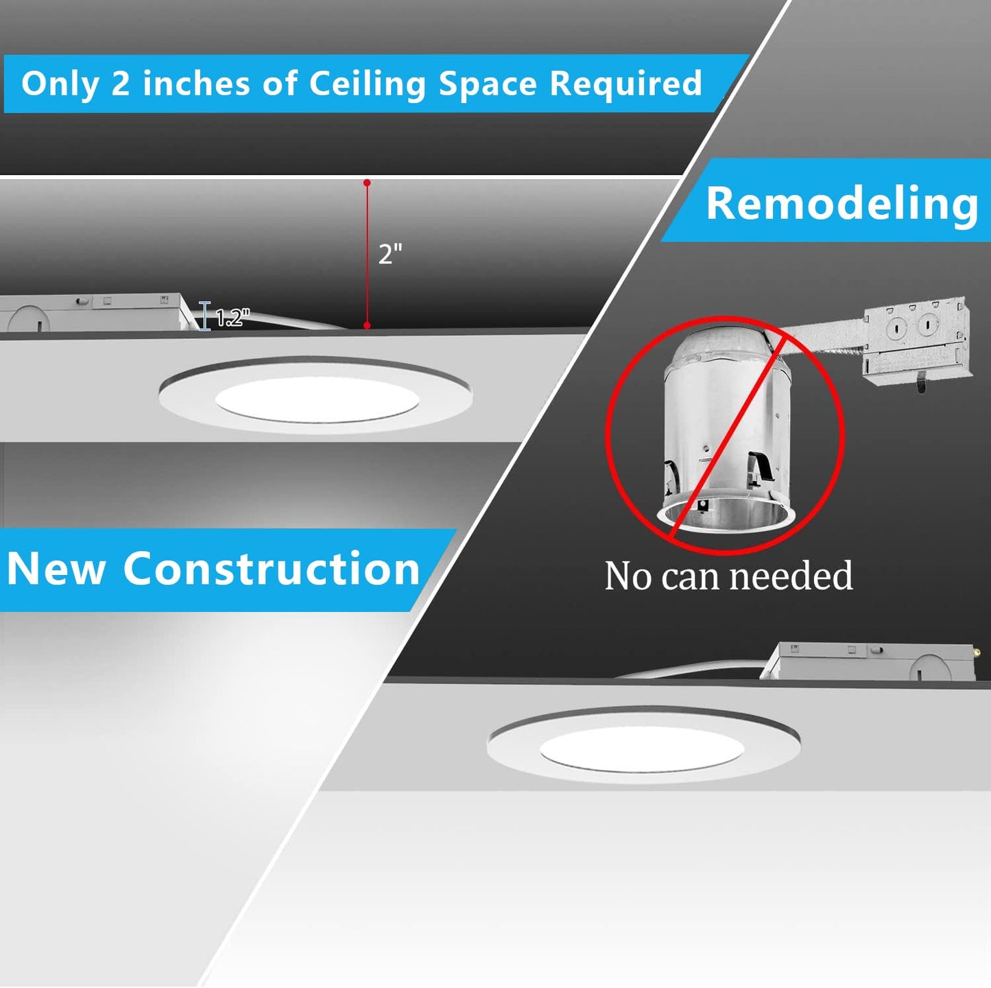 JARLSTAR 8 Inch LED Recessed Light with Junction Box, 6 Pack Ultra Thin LED Recessed Lighting.6000K Daylight,No Dimmable,18W 8" Recessed Ceiling Canless Wafer Downlight.Slim Can-Killer Lights,CRI80+