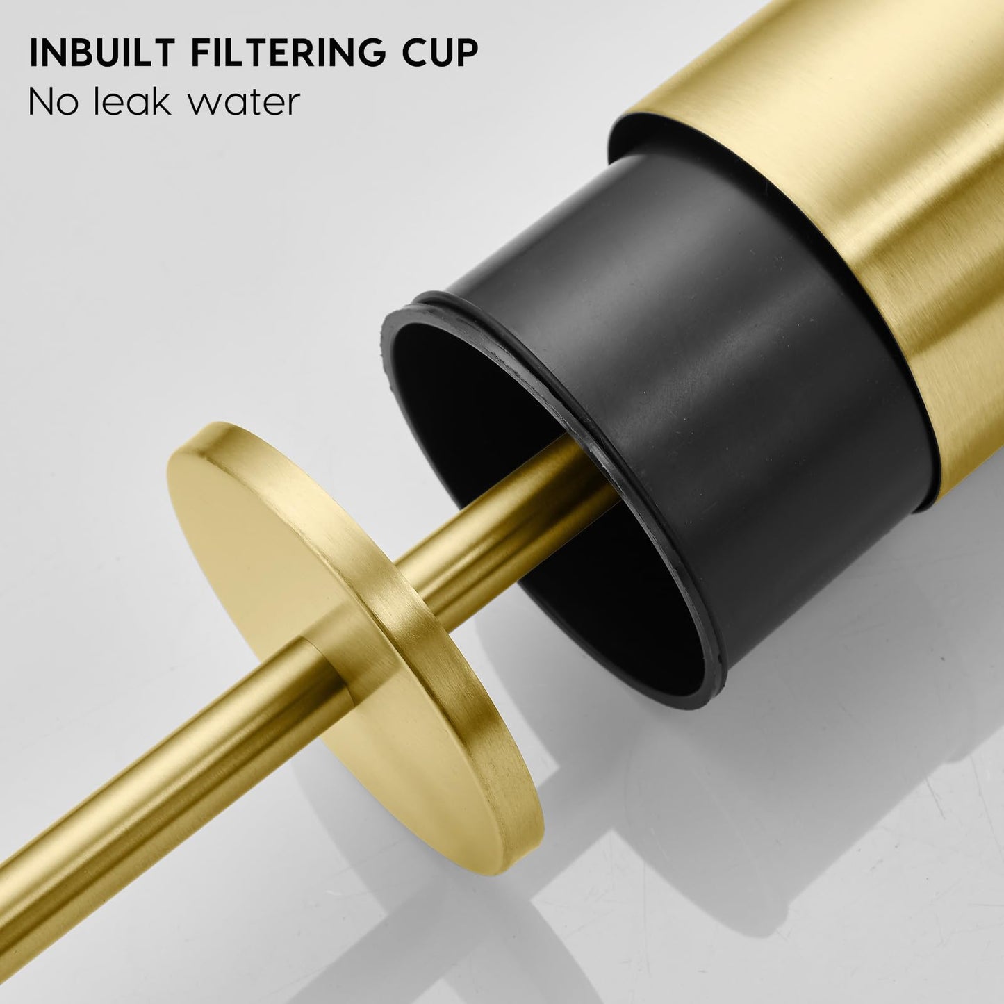 Gold Brushed Stainless Steel Toilet Brush and Cover, No-Punch Hook Base Dual Purpose Toilet Brush Holder with Removable Inner Bucket and Splash Cover - Soft Bristles (Brushed Gold)