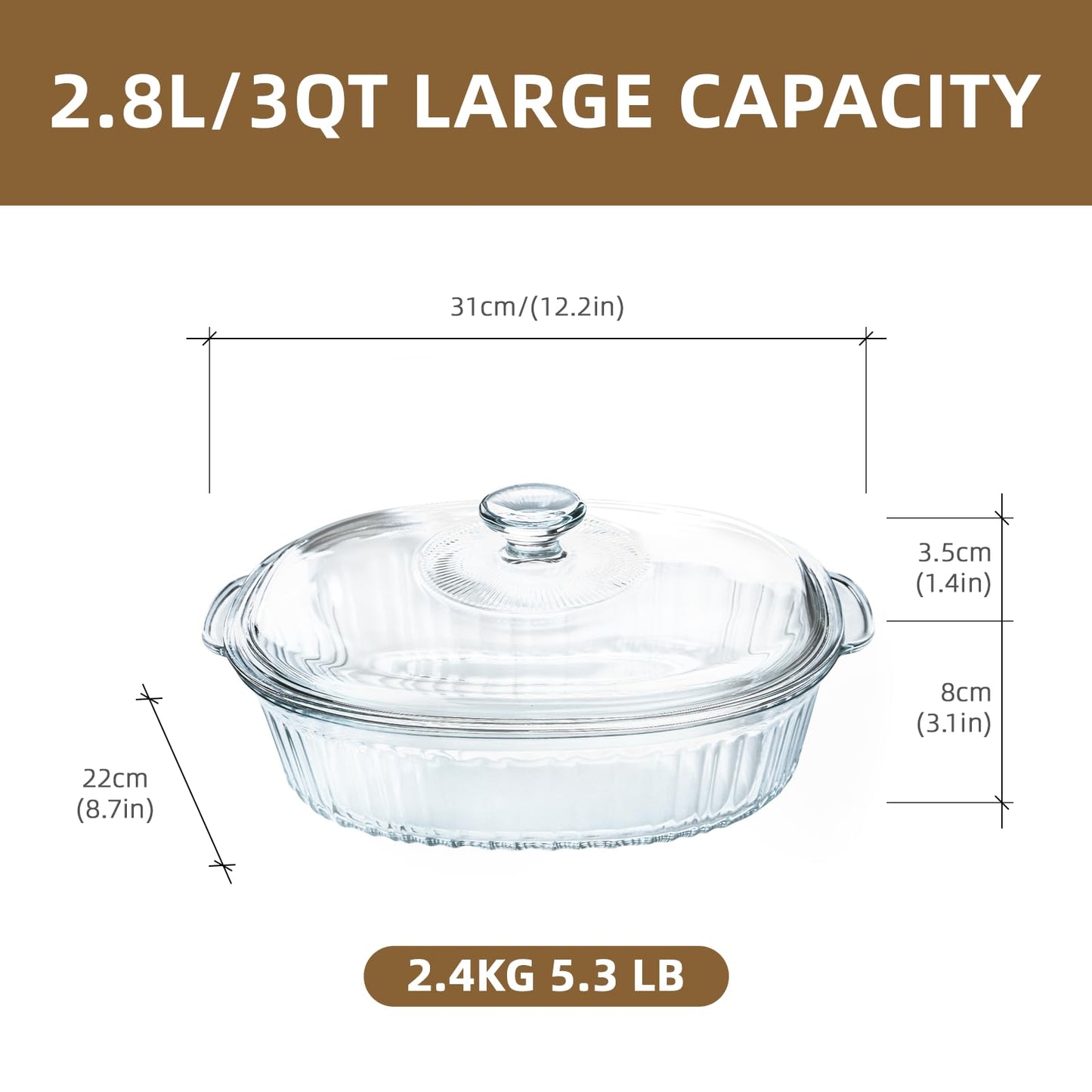 Luvan 2.8L/3Qt Glass Casserole Dish with Lid and Handle, Clear Lead-Free Glass Baking Dish Casserole Cookware, Oven and Microwave Safe, Suitable for Marinating,Baking,Cooking