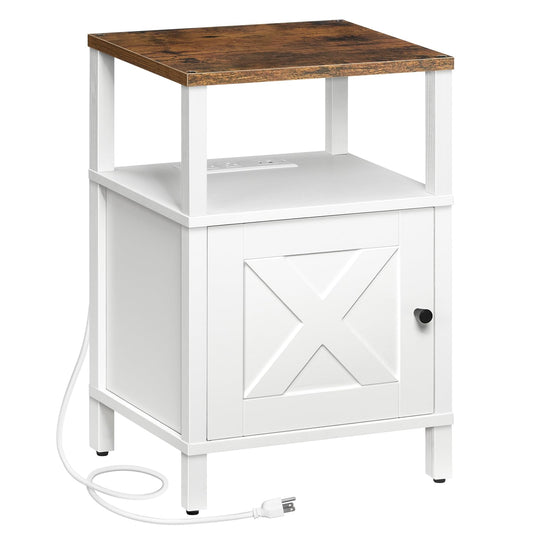 MAHANCRIS Farmhouse Nightstand with Charging Station, White Bedside Table with USB&Type-C Ports and Outlets, End Table with Storage, Night Stand for Bedroom, White and Rustic Brown ETRW96E01