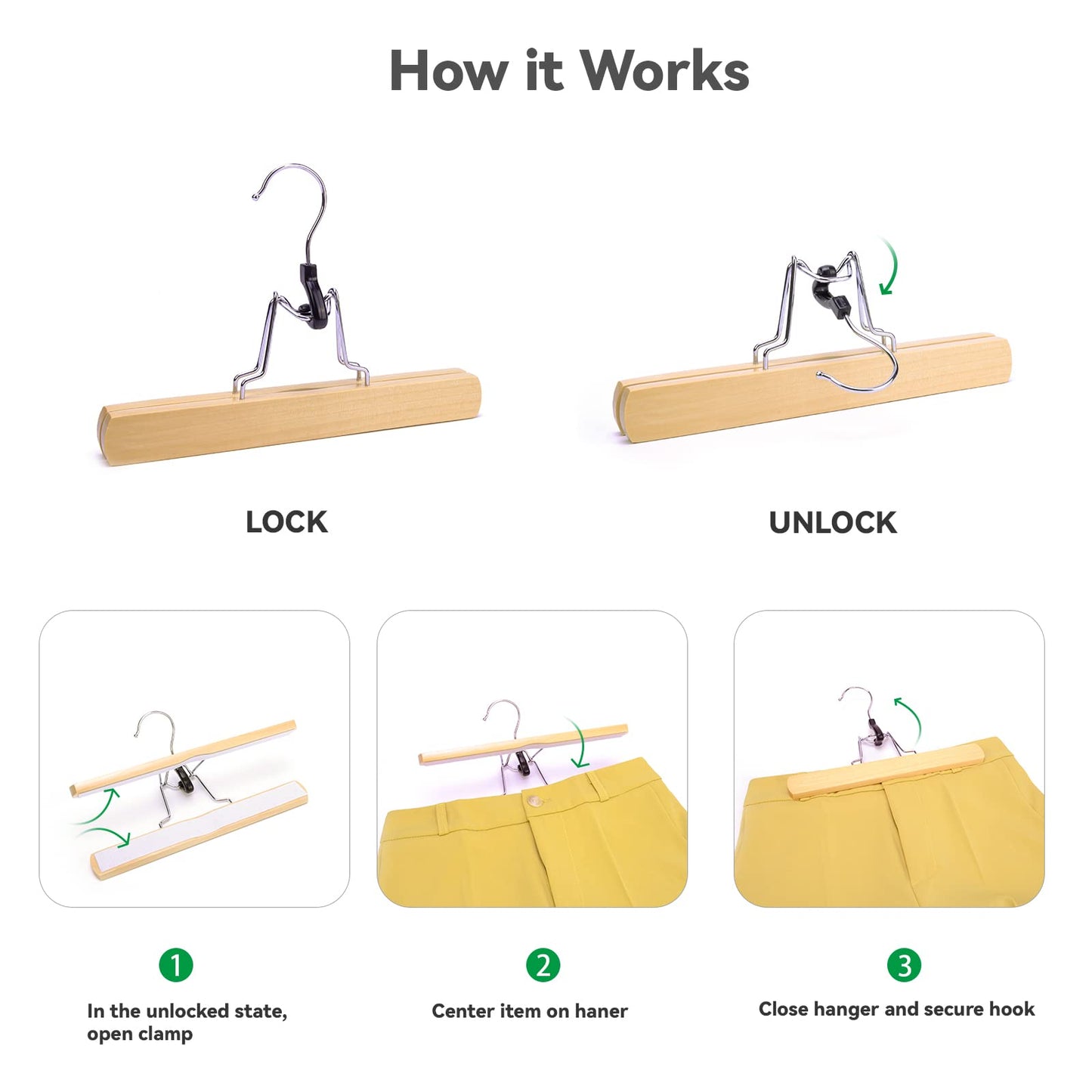 Nature Smile Wooden Pants Skirt Hangers, Smooth Finish Solid Wood Non Slip Jeans Slack Clamp Hangers Hair Extension Hangers(20Pcs Natural)…