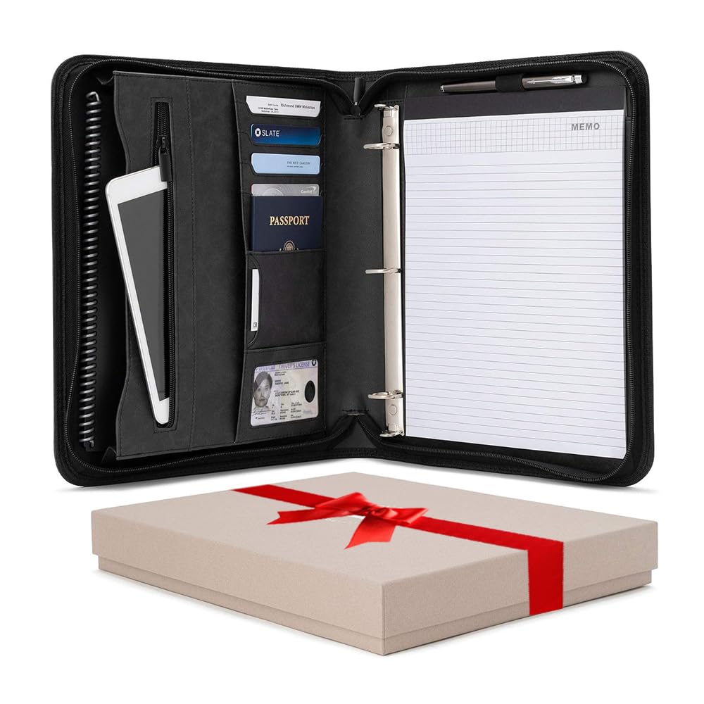 Forevermore Portfolios Padfolio Binder - Professional Faux Leather Travel Organizer Pouch for Tablet, Documents, Presentation Folders, Zipper Closure, Removable 3-Ring Notepad - Black