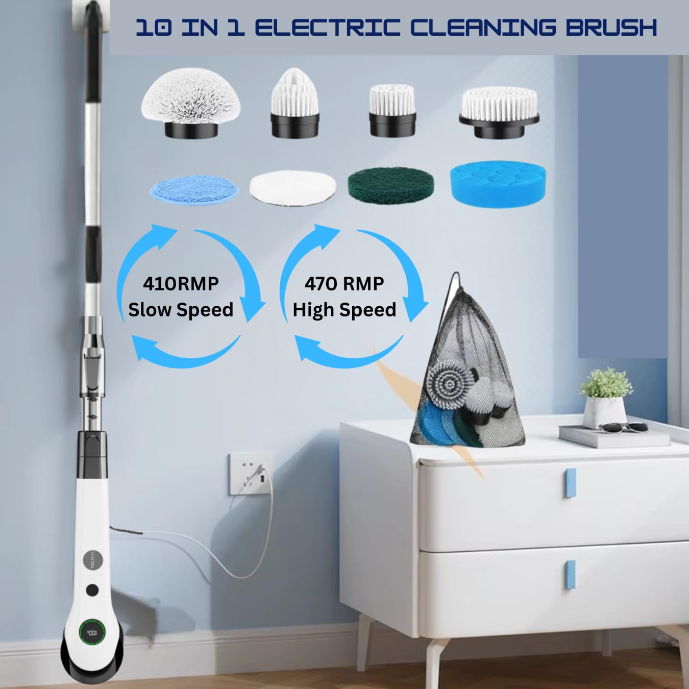 10-in-1 Electric Spin Scrubber Cordless Electric Cleaning Brush with 8 Replaceable Heads, Adjustable Long Handle, IPX7 Waterproof Shower Scrubber for Bathroom, Kitchen, Tile, Floor, Car