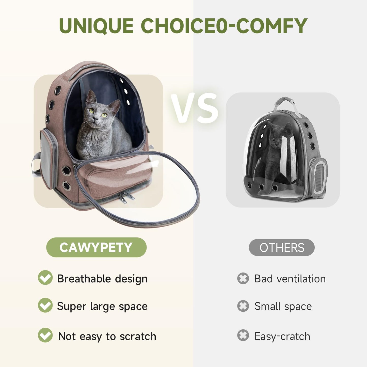 Cawypety Cat Carrier, Cat Backpack Carrier, Large Bubble Backpack for Under 15 lbs, Dog and Small Pet, Breathable Cat Bag Carrier Used in Travel, Car, Pet Carrier (Khaki)