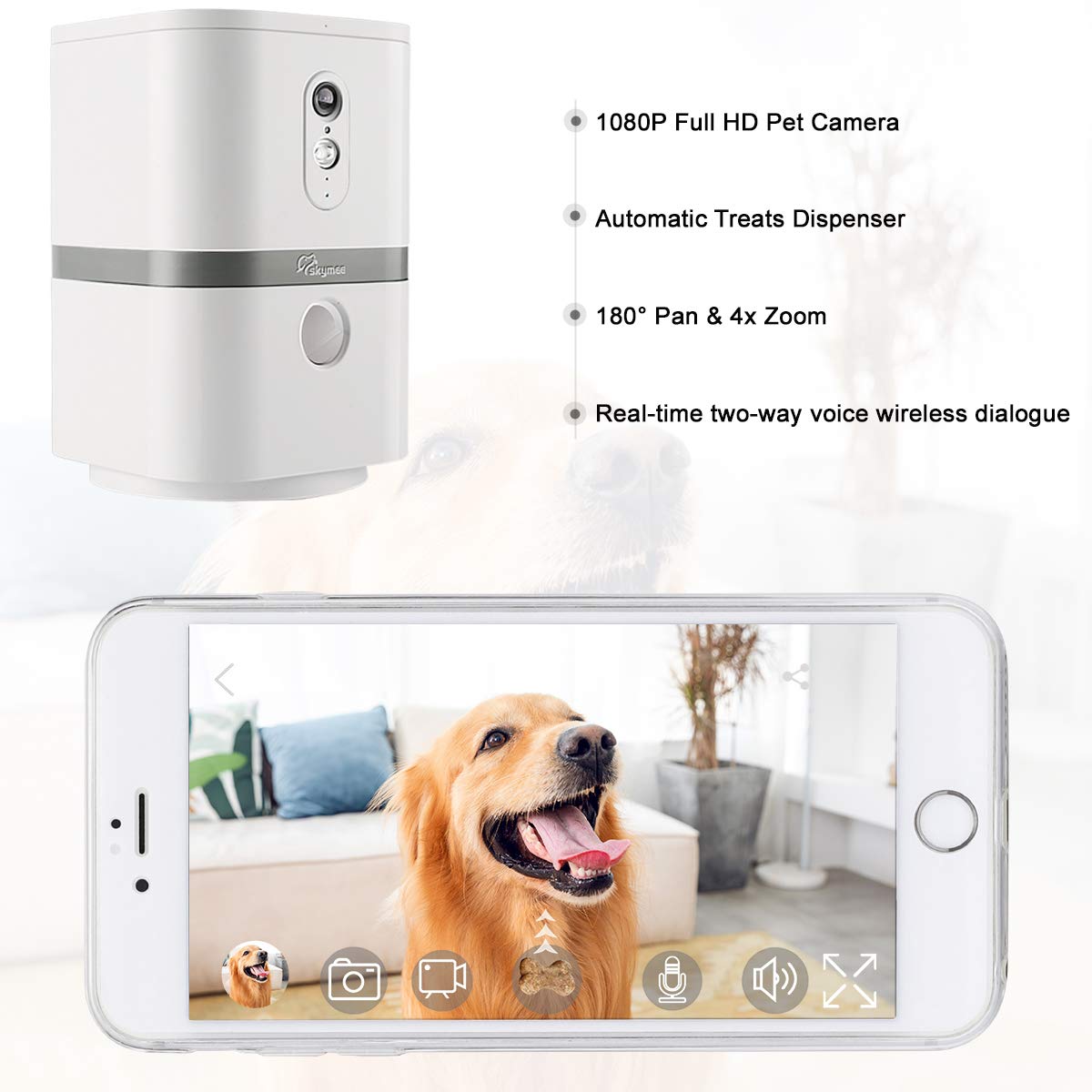 SKYMEE Dog Camera Automatic Treat Dispenser, WiFi HD Full Pet Camera with Pan Zoom and Night Vision for Dogs and Cats,Compatible with Alexa(Petalk Ai II)