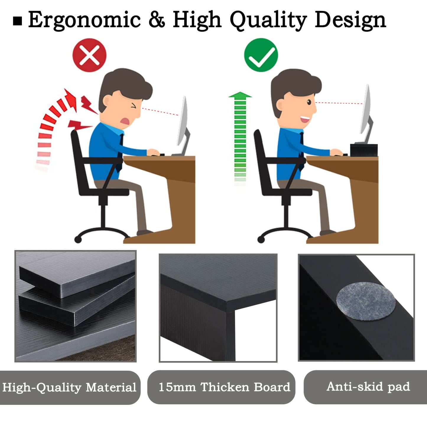 TEAMIX 2 Pack Wood Monitor Stand Riser, Black Adjustable Computer Stand Dual Monitor Riser for Monitors/Laptops/TV, Desktop Shelf Space-Saving