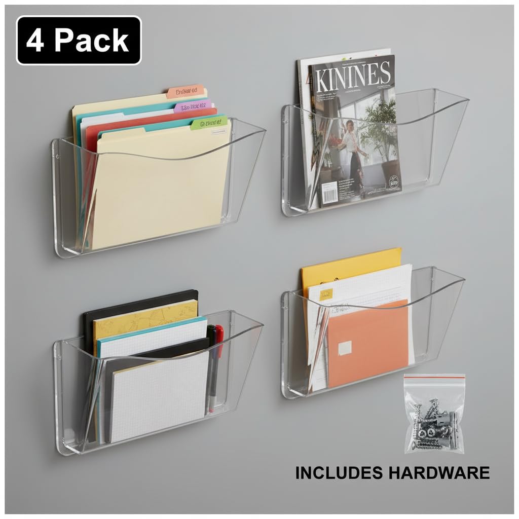 Azar Displays 250025 Clear Single Pocket Wall File with Wallmount, 4 pack