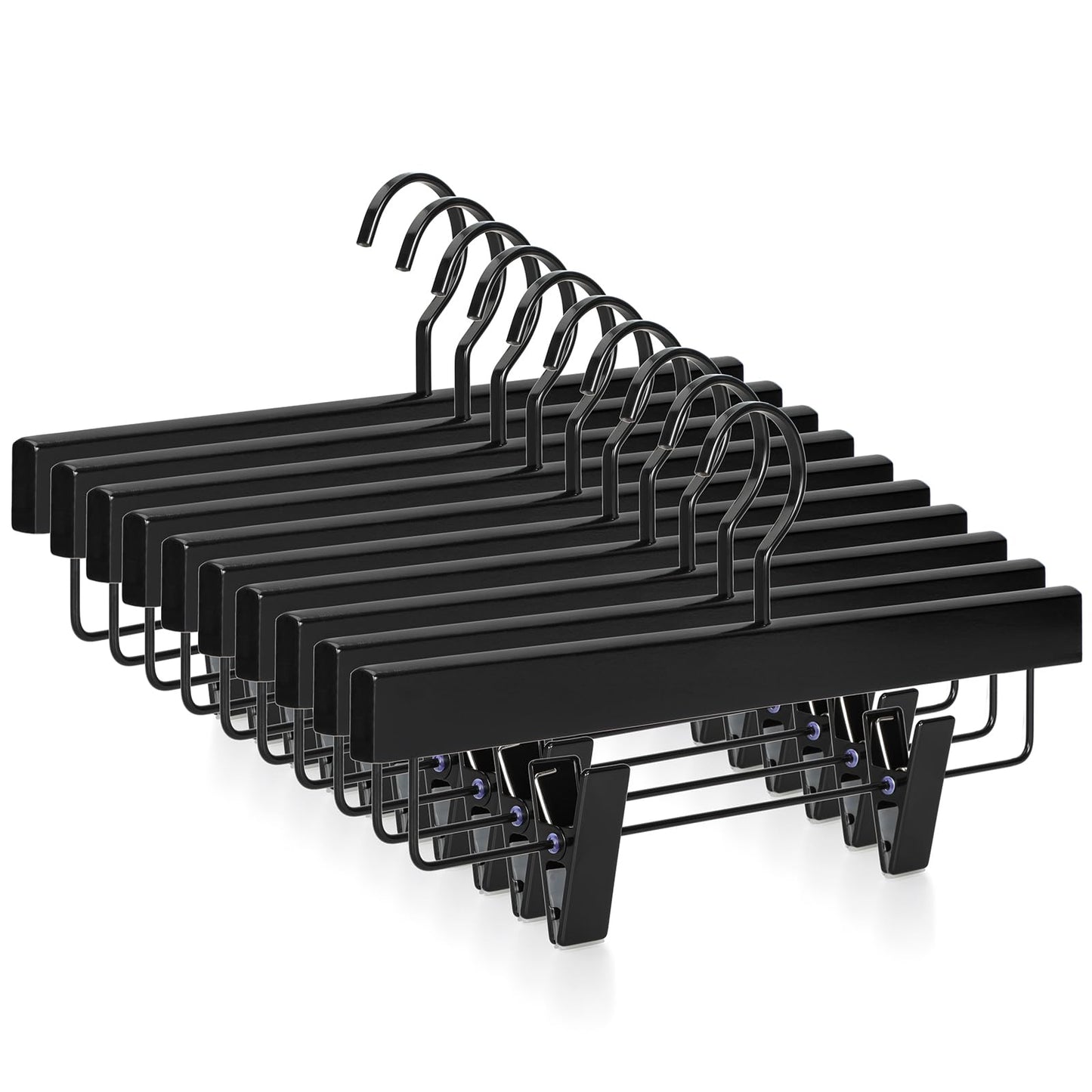 TOPIA HANGER Black Wooden Pants Hangers, Wood Skirt Hangers with Clips, Deluxe Jeans Hanger with 360° Swivel Anti-Rust Flat Hook, Smooth Finish Wood Hangers for Slacks Trousers 20 Pack, CT03B