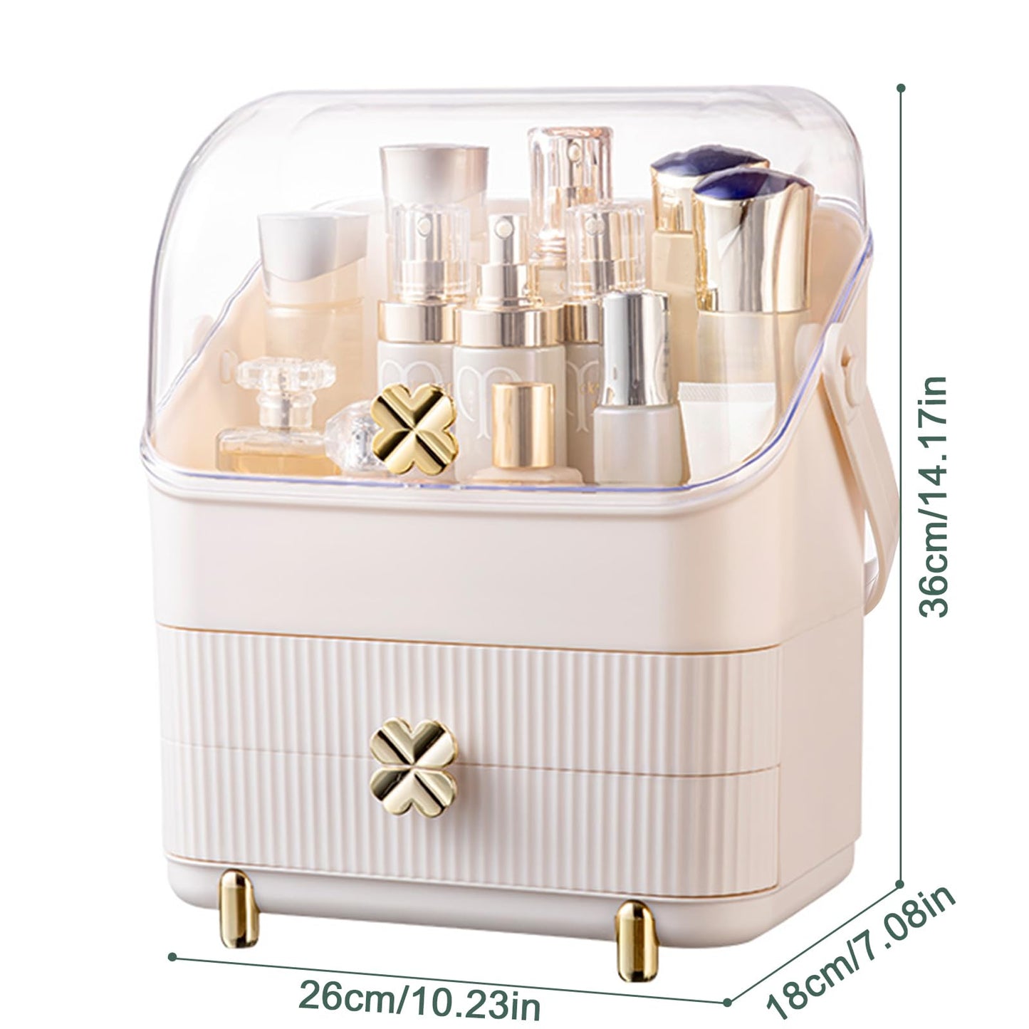 SUNFICON 3 Tiers Makeup Organizer Holder Cosmetic Storage Box with Dust Free Cover Portable Handle 2 Rroomy Drawers,Great for Bathroom Countertop Bedroom Dresser,Ivory White