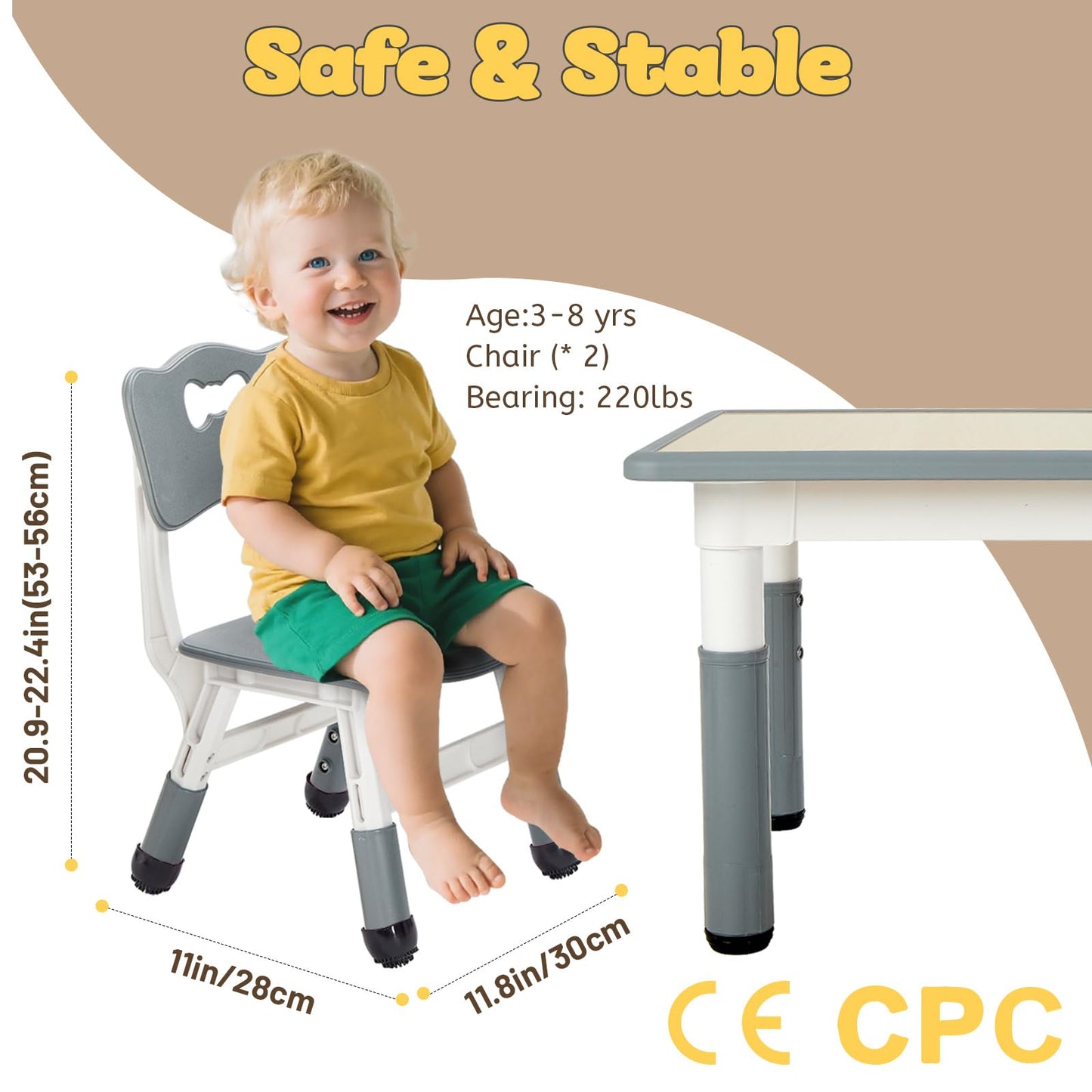 FUNLIO Adjustable Kids Chair (2pcs), 3 Level Height Adjustable Toddler Chair for Ages 3-8, for Classrooms/Daycares/Homes, CPC & CE Approved - Grey