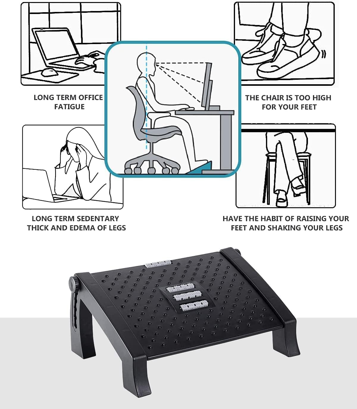 Adjustable Foot Rest Under Desk, Ergonomic Under Desk Foot Rest for Home & Office Use, Foot Stool Under Desk with Massage Surface, 6-Height Multi-Angle Foot Stool at Work, Ergonomic Posture Footrest