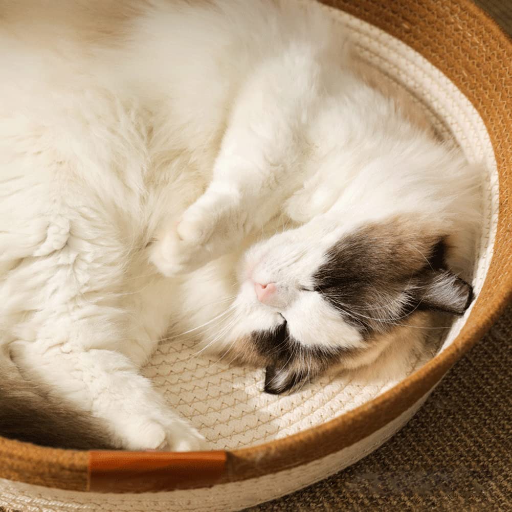 Handwoven Cotton Rope Cat Bed Cat Hammock Foldable Sleeping Nest Basket Handmade Natural Cradle Scratcher Cuddler for Kitten Cute Style with a Playing Rope Ball (Brown-Large)