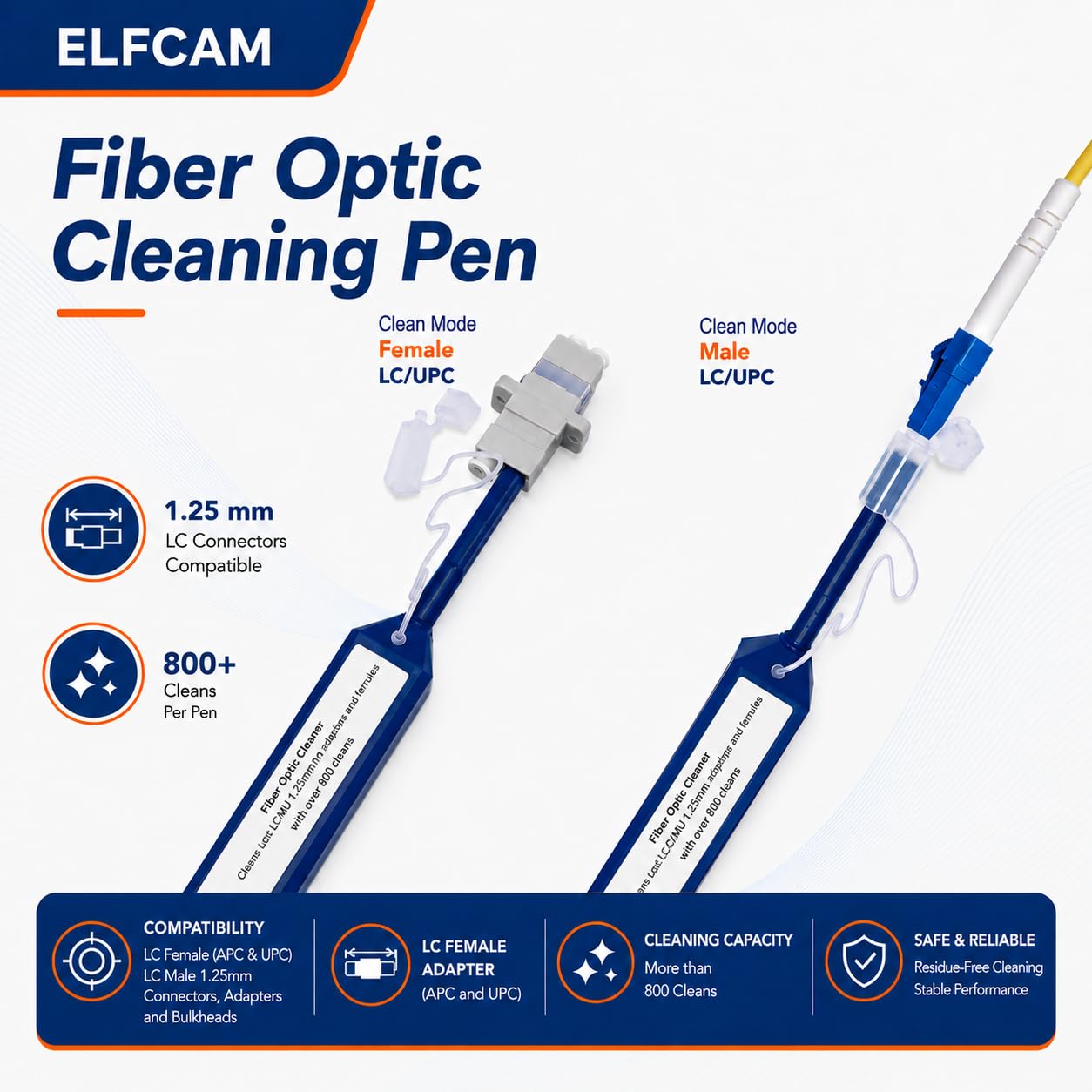 Elfcam® - Fiber Optic Cleaning Pen Tip-Pen for LC/SC/FC/ST Female Adapter (PC and UPC), LC/SC/FC/ST Male Connectors and Bushings, More Than 800 Cleanings