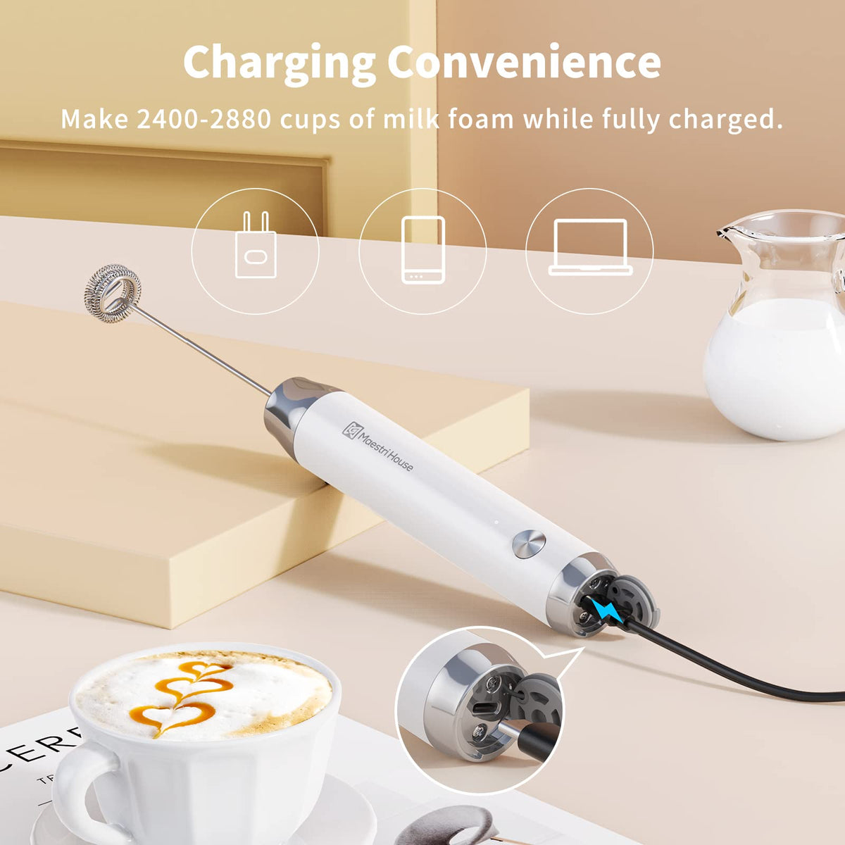Maestri House Rechargeable Milk Frother, Handheld Electric Foam Maker Waterproof Detachable Stainless Steel Whisk Drink Mixer Foamer with Stand, LunaFro