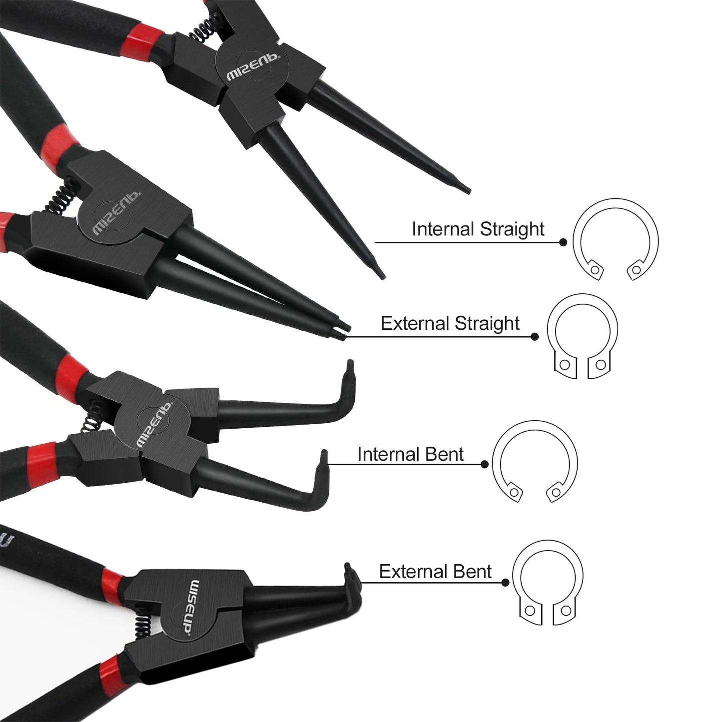 WISEUP Snap Ring Pliers Set With 225pcs Retaining Ring Set, 4PCS-7 inch (Tip Diameter 1/20") Circlip Pliers Kit,Straight/Bent Jaw Pliers Tips C-Clip Pliers for Ring Remover with Storage Pouch