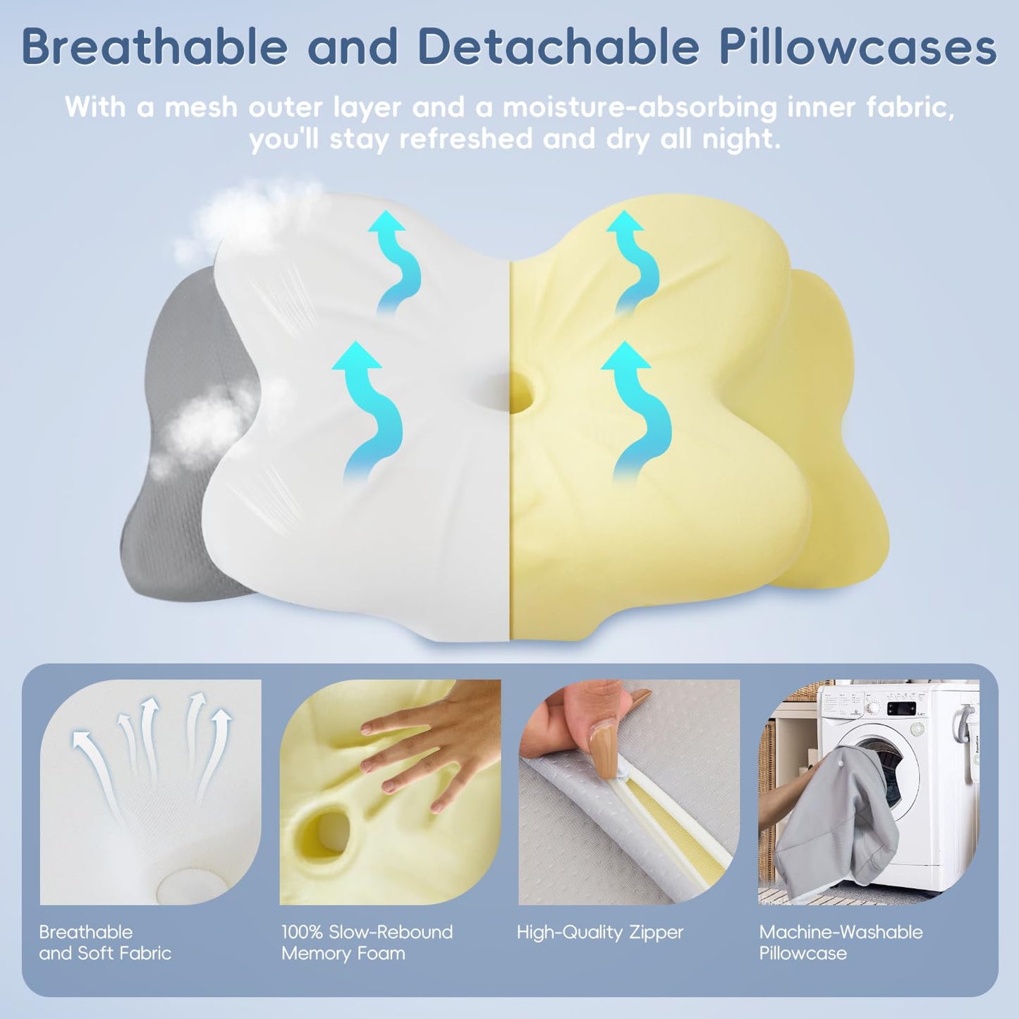 SNUGUP Ergonomic Cervical Neck Pillow, Memory Foam Neck Support Pillow with Contoured Design, Breathable Removable Pillowcase, for Side Back Stomach Sleepers, White