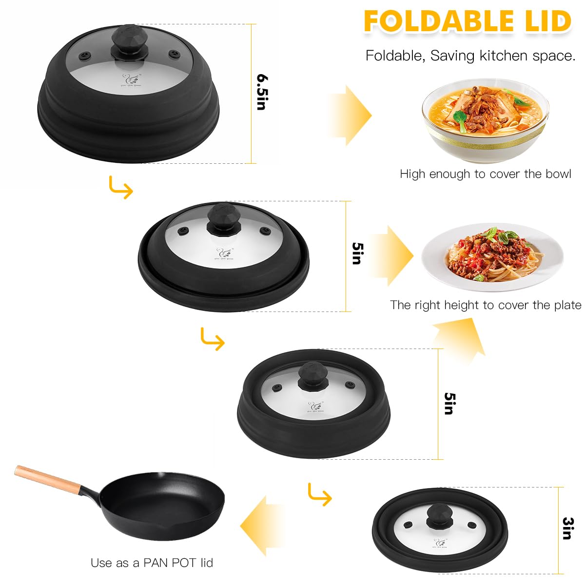 Microwave Splatter Cover Vented Glass Cover Splatter Guard Lid with Collapsible Silicone for Food as Pot Cover Plate Cover 10.8 inch for 6 7 8 9 10 inch Plate Bowl Black