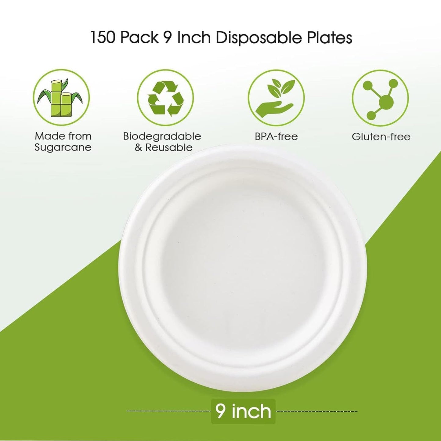 150 Pack Paper Plates, 9 Inch Disposable Plates Compostable Heavy Duty Plates Eco Friendly White Bagasse Plate Fibers Biodegradable for Events Crafts Projects Dry Foods General Use