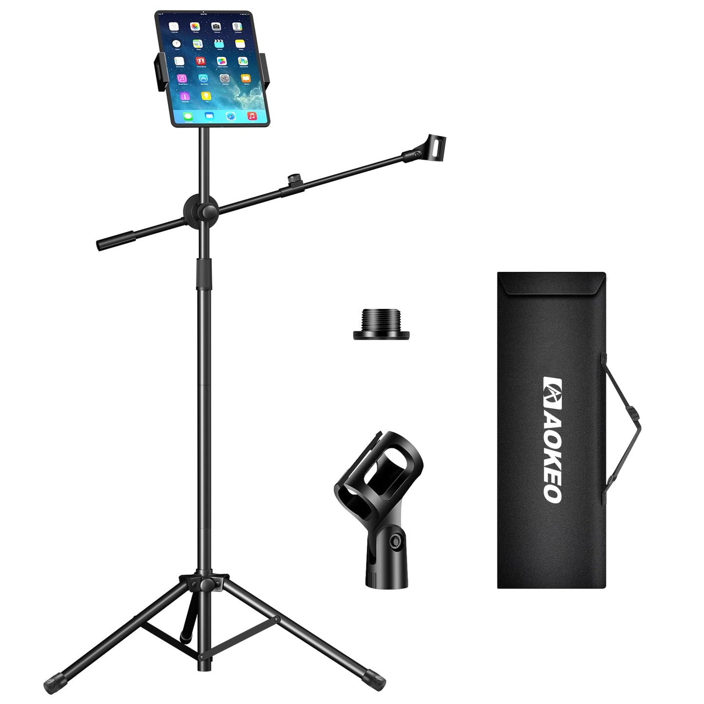 Aokeo Boom Microphone Stand Floor Tripod - Adjustable 42-68 Inch Portable With Tablet Holder and Carrying Bag - Supports Any Microphone Combination