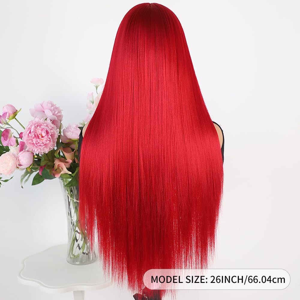Maycaur Red Wigs for Women Black Long Straight Synthetic Lace Front Wigs Pre Plucked Hairline Glueless HeatResistant Long Wigs Free Part Hair Replacement Wig for Daily Use 26 Inch
