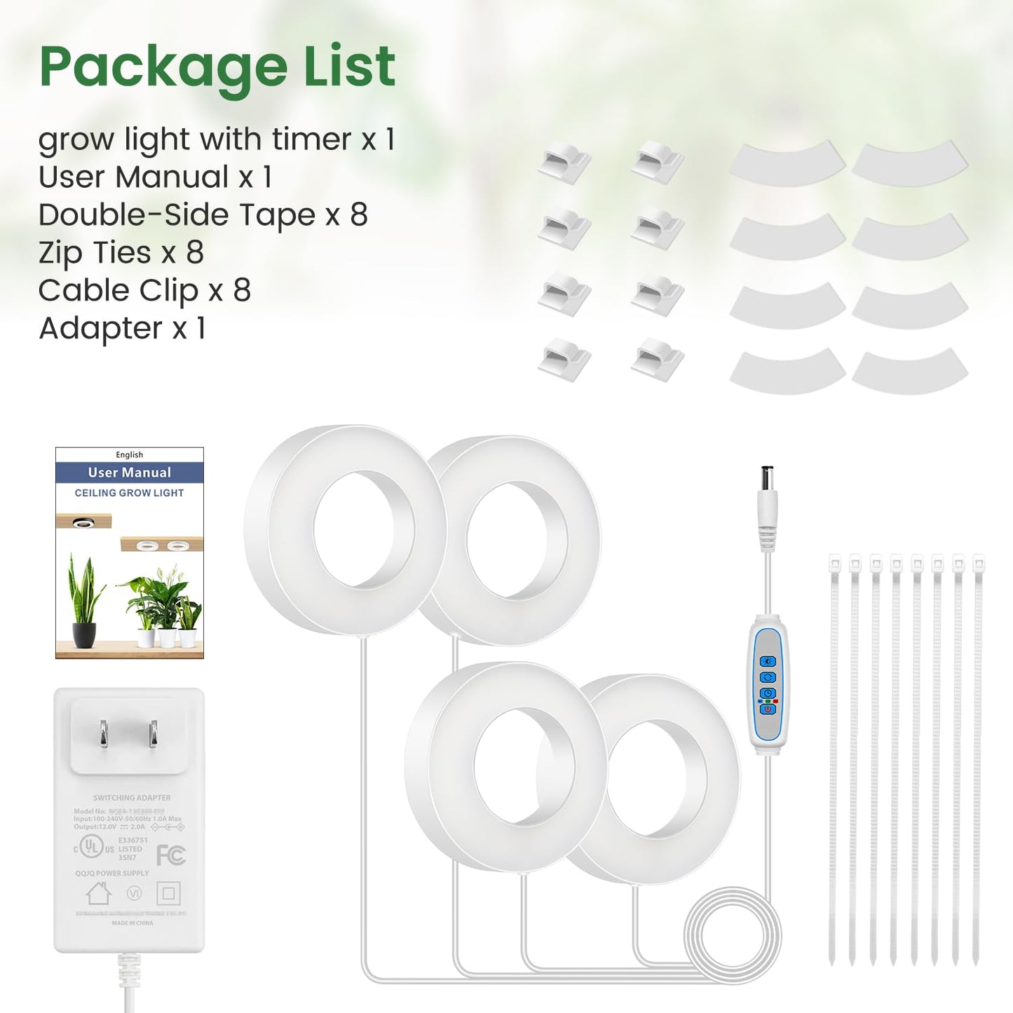 Kullsinss Grow Lights for Indoor Plants, 192 LEDs Full Spectrum Plant Lights for Indoor Growing with 6/12/16H Timer, Cable Clips for Tidy Setup, 3.54" Grow Lamp for Small Plants (4-Head)