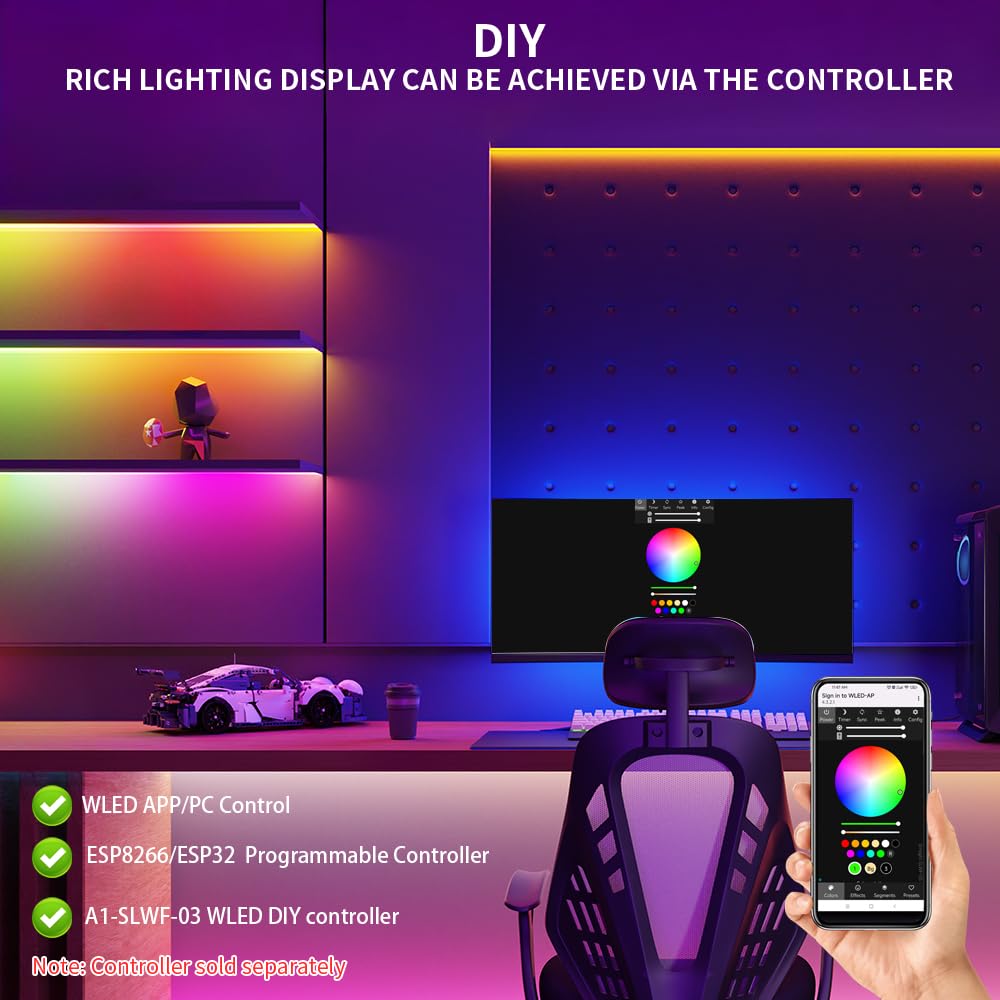 LOAMLIN WS2812B IC RGB 5050SMD ECO Individual Addressable LED Strip Light, 16.4FT 300LED 60LED/m Flexible Full Color IP65 Waterproof DC5V White PCB for DIY Project (No Power Adapter or Controller)