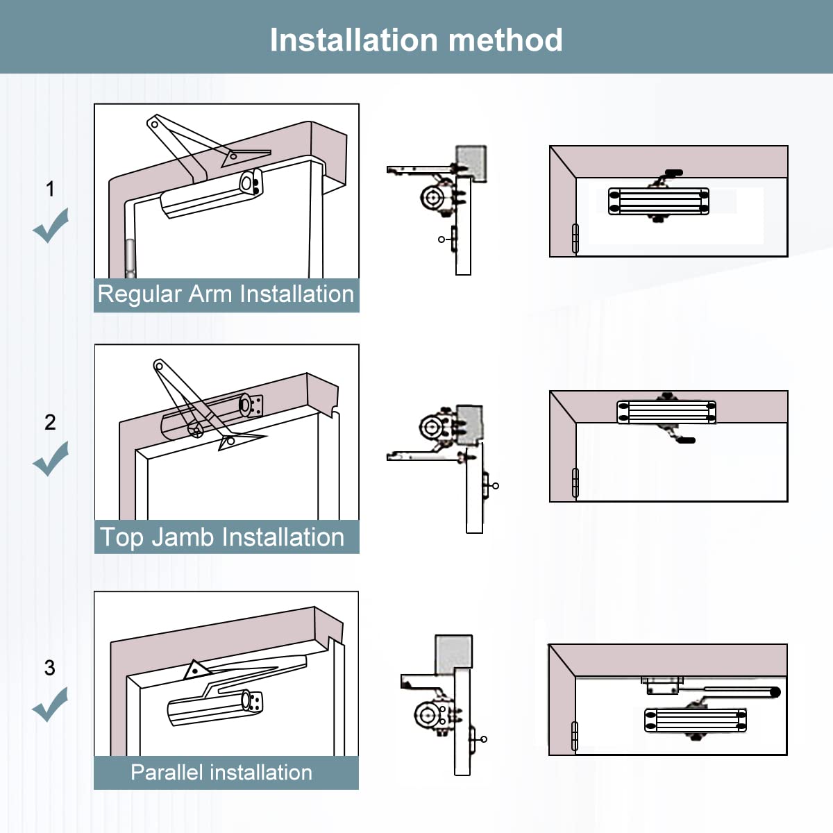 Onarway Door Closer / Closure Adjustable Automatic Size 3 Spring Hydraulic Aluminum Alloy Body for Residential and Light Commercial Use for Door Weights 99~132 Lbs, Easy Install