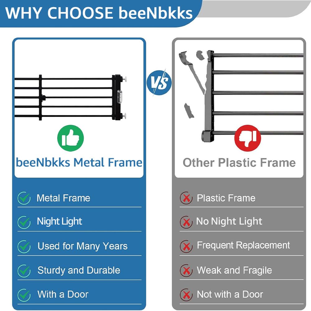 beeNbkks LED Light Metal Dog Gate with Door, 24’’-43’’ Width Expandable Step Over Dog Gate, Short Pet Gate for Stairs Doorways Windows, Pressure Mount Indoor Pet Fence for Small Dogs Puppy