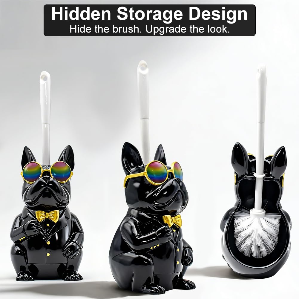 Home Luxe Bulldog Toilet Brush and Holder Set, Resin Decorative Dog Design, Weighted Non-Tip Base, Long Handle, Stiff PP Bristles (Suit & Shade - Black)