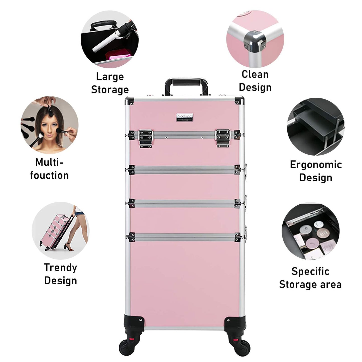 4 in 1 Rolling Makeup Case Professional Cosmetic Trolley, Aluminum Makeup Train Case with 360° Swivel Wheels, Lockable Storage Organizer for Beauty, Salon, Travel, Jewelry, Pink