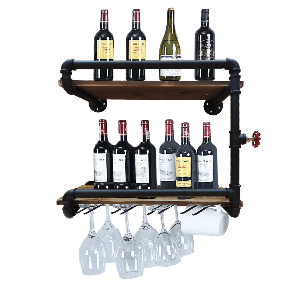 Industrial Wall Mounted Wine Racks with 4 Stem Glass Holder,24in Rustic Metal Hanging Wine Holder Glass Rack,2-Tiers Floating Bar Shelves Bottle Holder Storage Shelves,Wood Shelves Wall Shelf