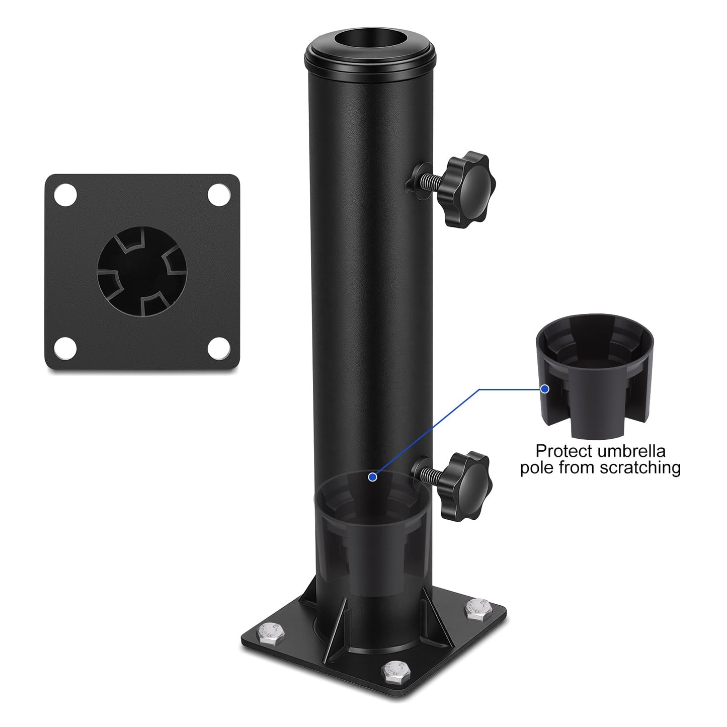 Lalafancy Patio Umbrella Stand Base, 4" Square Reinforced Heavy Duty Outdoor Deck Umbrella Mount Holder, Fits 1/4"-1 9/10" Diameter Poles in Porch Poolside, Black