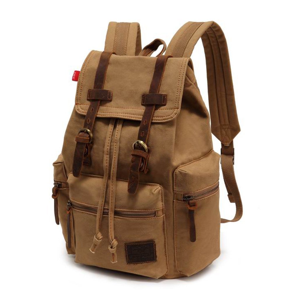 Koolehaoda Vintage Canvas Backpack Leather Rucksack Knapsack Unisex Casual Backpack 17inch Laptop Backpack Hiking Bag(L Khaki)