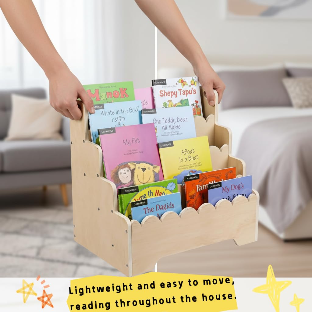 Wooden Tiered Montessori Kids Bookshelf & Portable Baby Book Organizer – Front-Facing 4-Tier Display Shelf with Scalloped Edge – Natural Wood Small Children Book Case for Nursery & Toddler Playroom