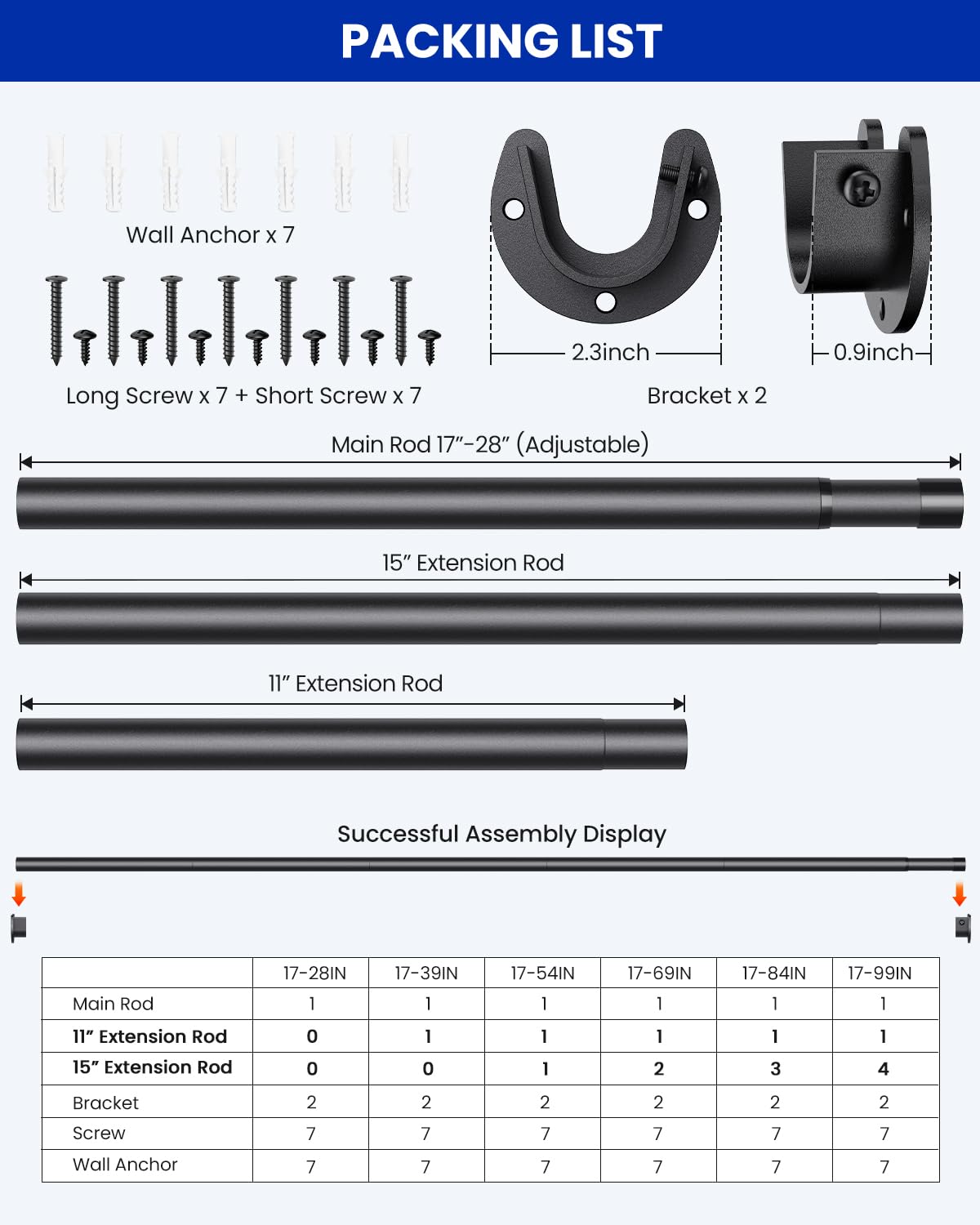 Closet Rods for Hanging Clothes, 17-84 inches Stepless Adjustable Metal Closet Rod, 1.3 Inches Heavy Duty Clothes Hanging Rod for Closet Wardrobes Laundry RV, Black