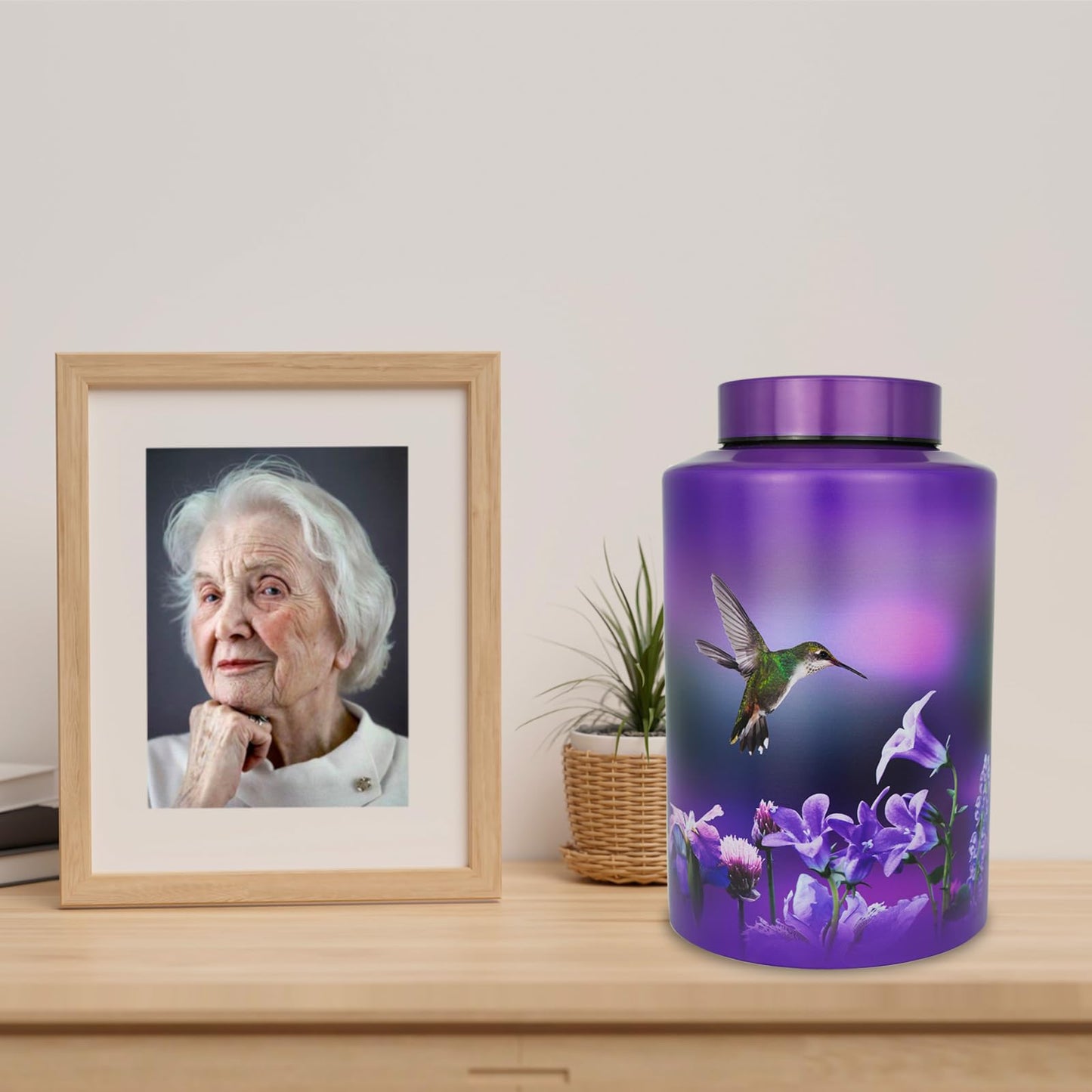 Large Cremation Urns for Adult Male Female Ashes, Up to 220 lbs Decorative Funeral Purple Keepsake Memorial Urn for Human Women Man Dad Mom Ashes with Velvet Bag(Hummingbird)