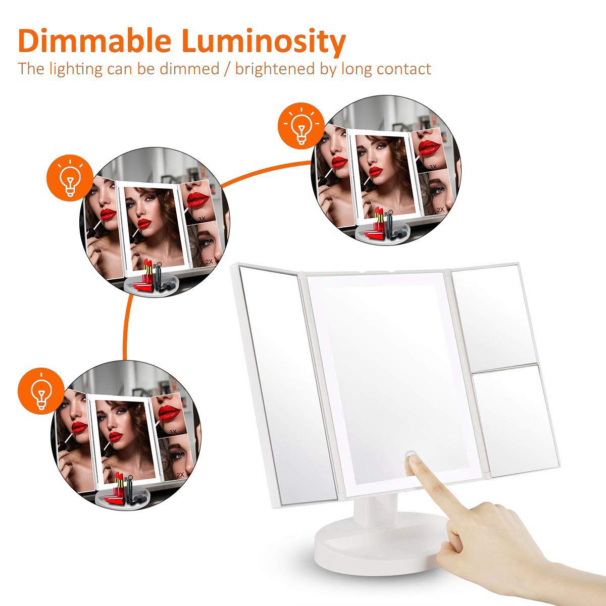 WEILY Makeup Vanity Mirror with LED Lighting and Touch Screen, Tri-Fold 1x 2X 3X Magnification,180° Adjustable Rotation, Dual Power Supply, Countertop Cosmetic Mirror (White)