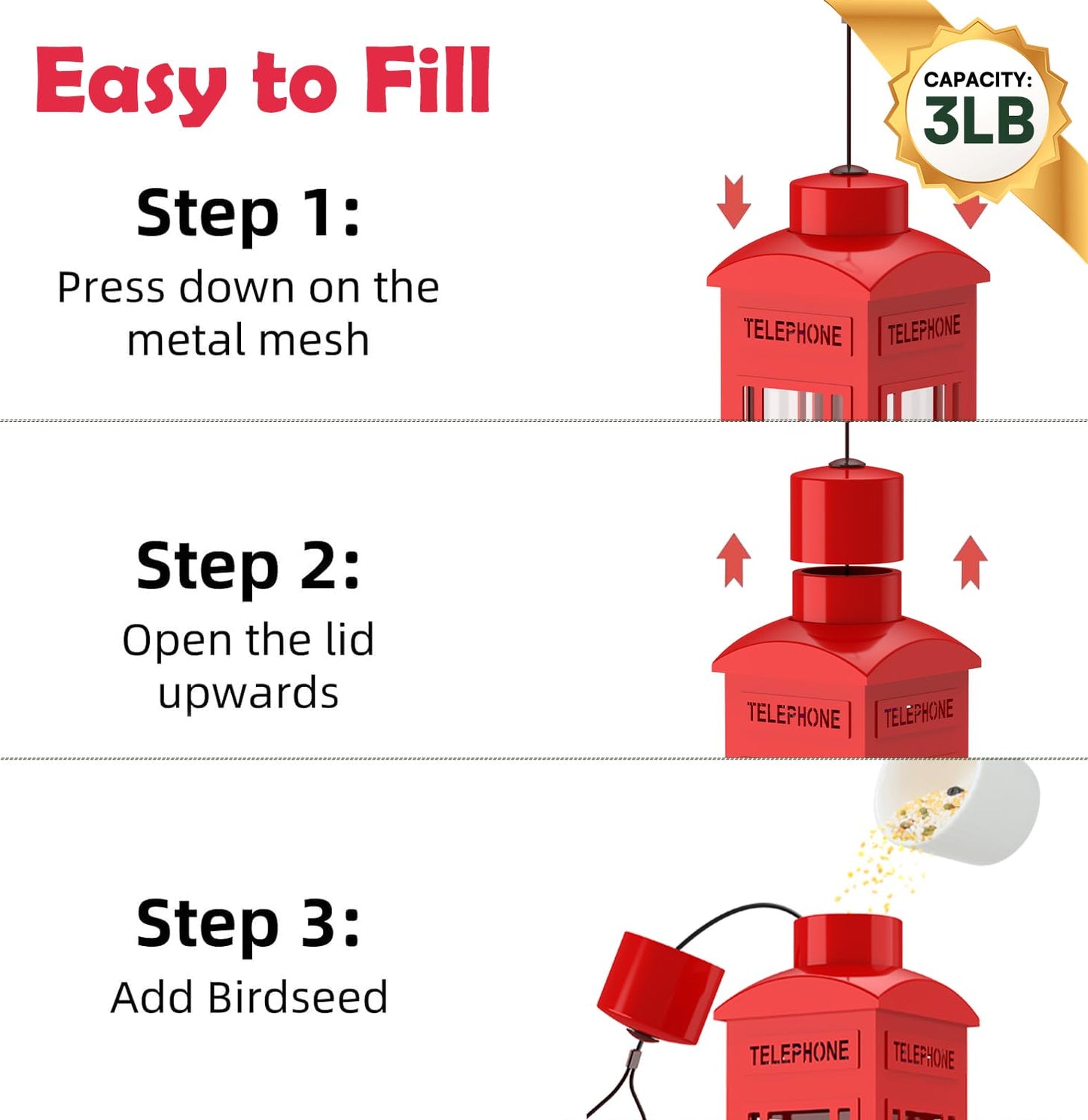 Squirrel Proof Bird Feeder, Metal Bird Feeders for Outdoors Hanging, 3LB Capacity, Gravity Protection Squirrel-Proof Heavy Duty Wild Birdfeeder for Finch Cardinal Chickadee (Red)