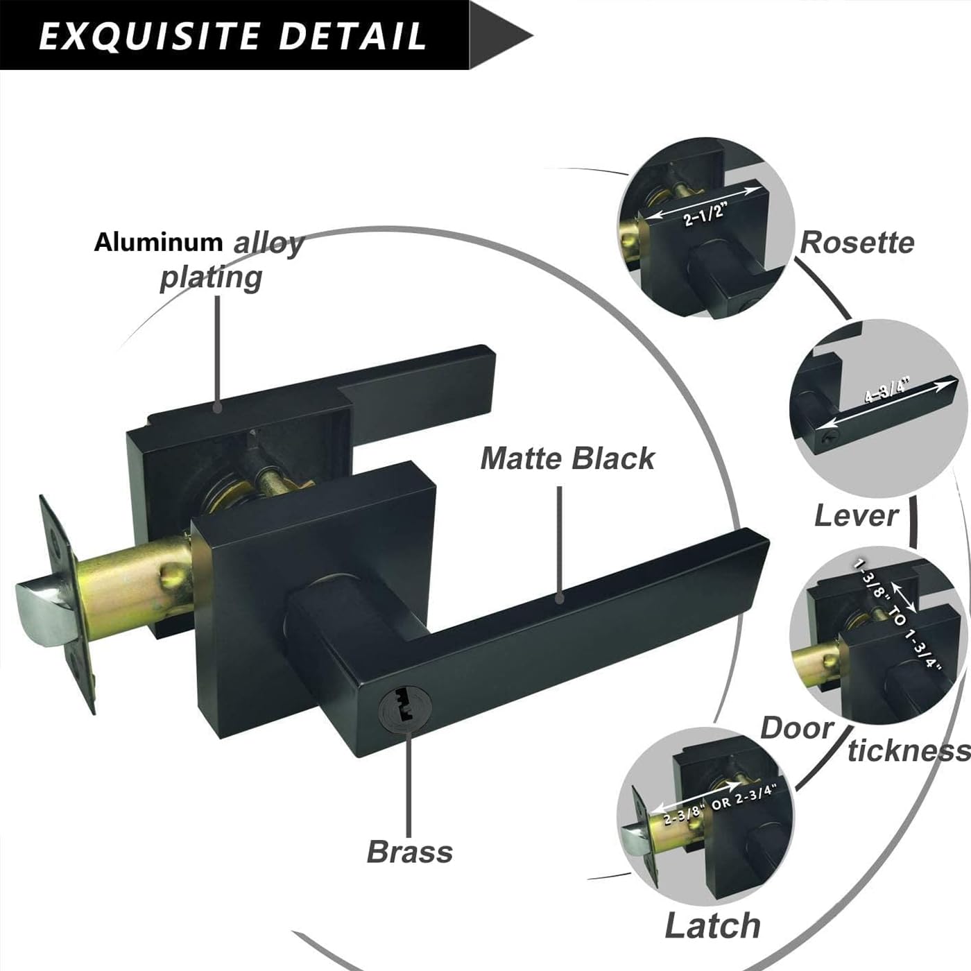 Entry Door Handle Lever with Lock Key, Black Square Heavy Duty Door Knob for Use Entry, Passage, Bathroom, Office, Bedroom, Front Entrance Exterior Interior, Rust-Proof Black Coating
