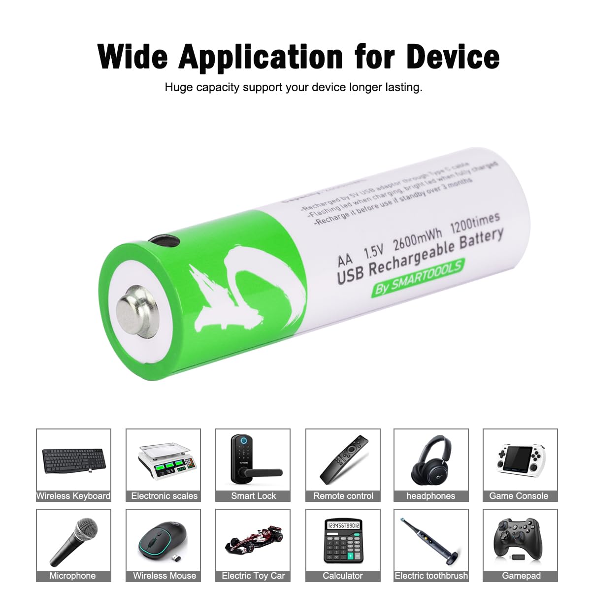 USB AA Lithium-ion Rechargeable Batteries, 1.5V 2600mWh Capacity, Fast 1.5h Charging, 1200 Cycle Life, Type-C Cable Included, 8-Pack