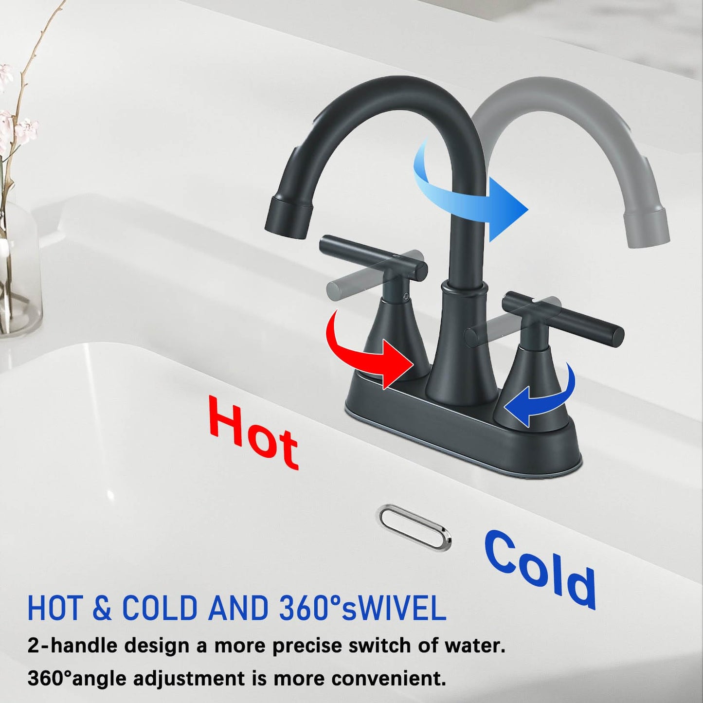 Alenart Matte Black Bathroom Sink Faucet Two Handle Stainless Steel Bathroom Sink Faucet with Pop-up Drain and Supply Hoses, 4 inch Bathroom Faucet for RV Bathroom Vanity washroom Faucet