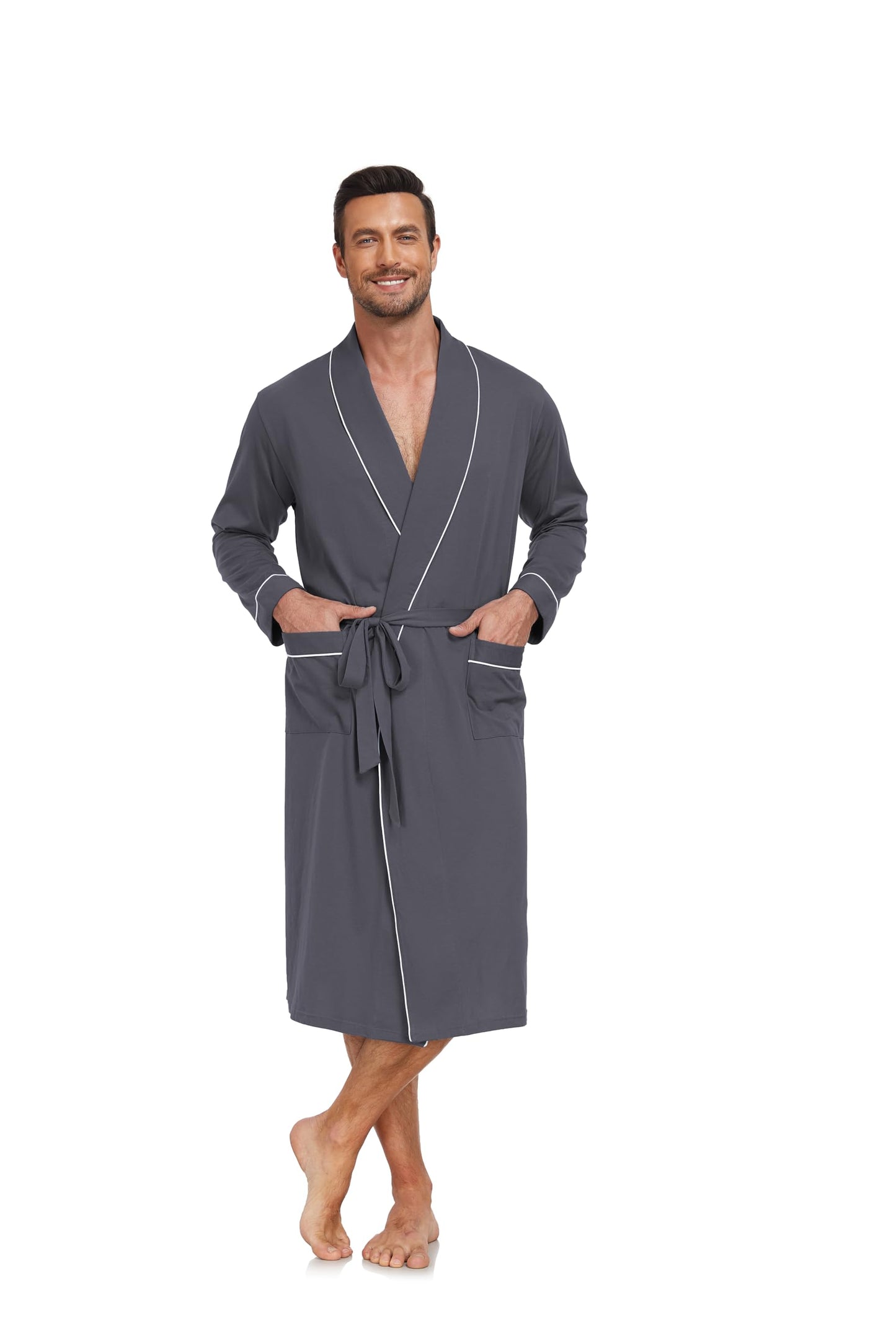 COLORFULLEAF Mens 100% Cotton Robes Lightweight Summer Long Bathrobe Sleepwear Soft Knit Spa Robe with Pockets, Iron Grey, XX-Large