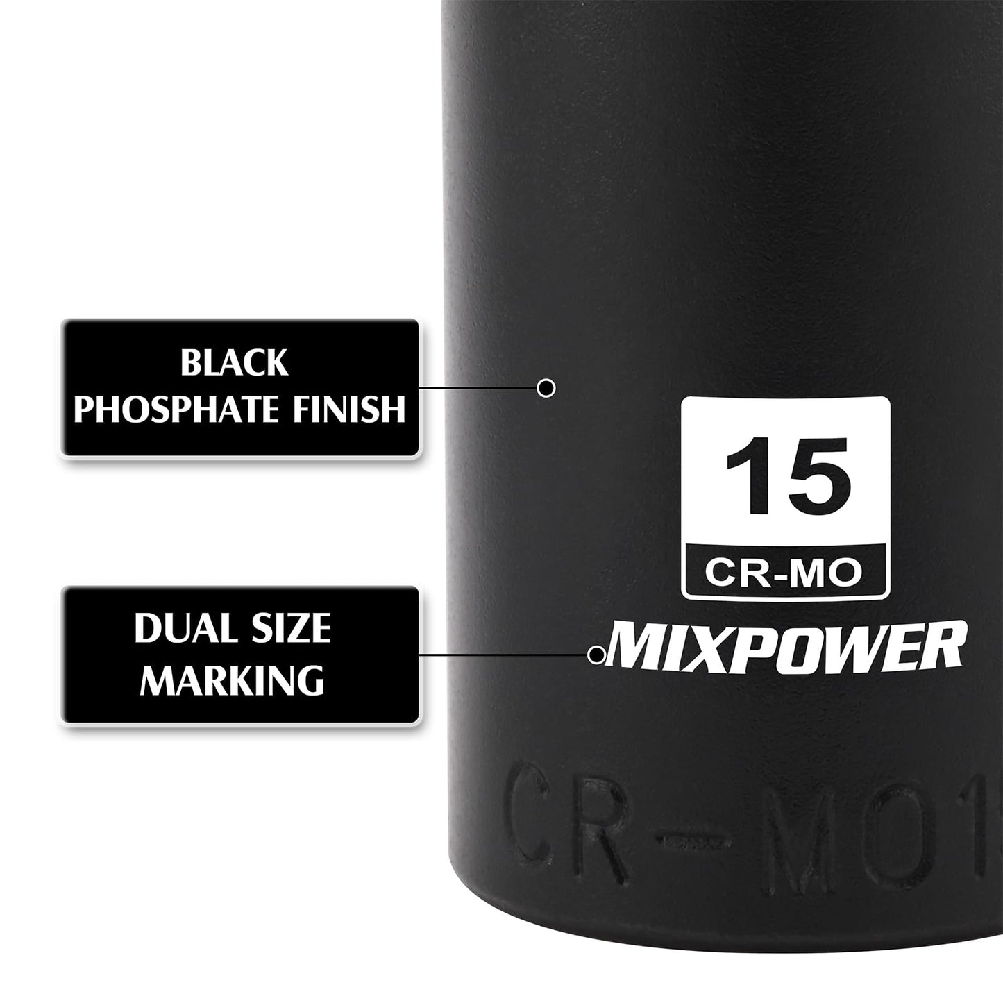 MIXPOWER 1/4" Drive Deep Magnetic Impact Socket Set with Storage Rails, 14-Piece, 6 Point, 4-15mm, Metric, CR-MO