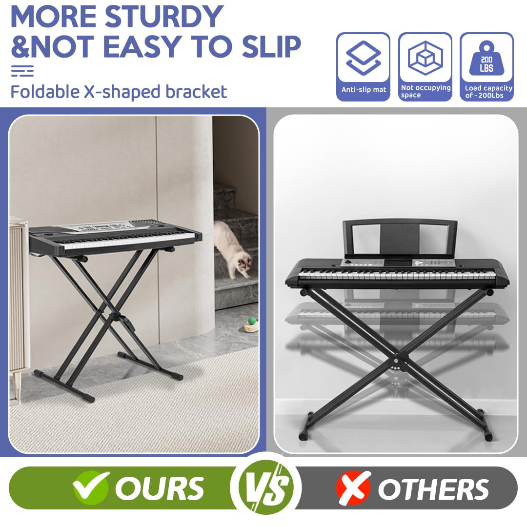 IPEB Double-X Keyboard Stand Adjustable Digital Piano Stand with Locking Straps Height Adjustable for School Musical Program, Choir and Recitals Black
