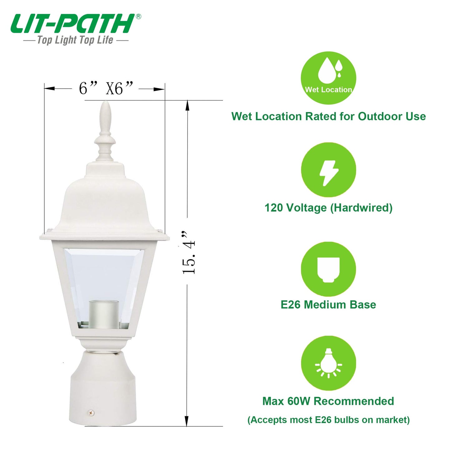 LIT-PaTH Outdoor Post Lighting Fixture Pole Lantern, E26 Medium Base Max 60W, Aluminum Housing Plus Clear Glass, Bulb Not Included, Matte White Finish, 1-Pack
