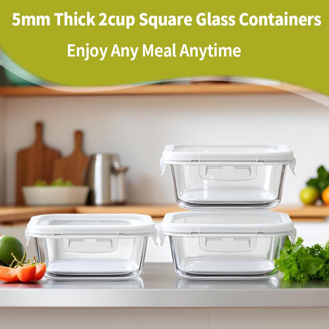 R.repad yay 16oz Square Glass Food Storage Containers With Lids, 2 Cup Square Glass Food Containers With Lids, BPA free Small Meal Prep Bowls for leftovers, Dishwasher, Freezer Safe (8Pack)