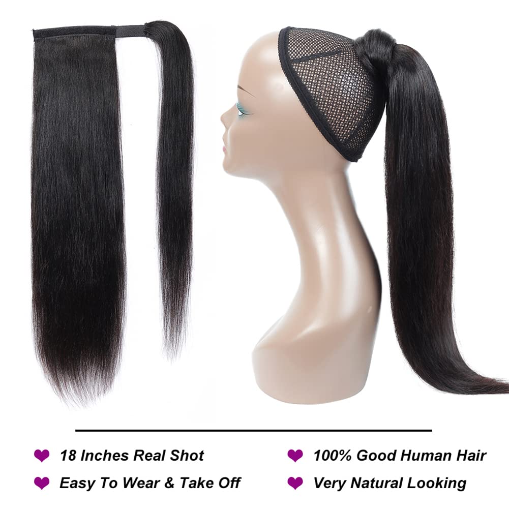 Alisfeel Wrap Around Ponytail Human Hair Extensions 10A Brazilian Straight Ponytail for Black Women Unprocessed Remy Human Hair Pony Tail with Magic Paste Clip In Extension Hairpiece 110g (22 Inch)
