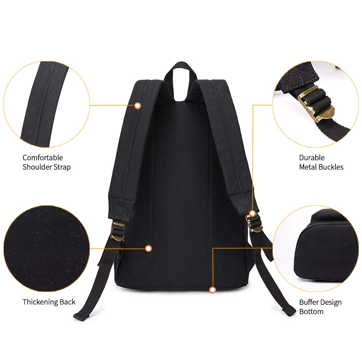 Canvas School Laptop Backpack, Durable Rucksack, Travel Notebook Bag, for Men Women (Black)
