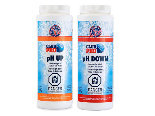 Club Pro | 2 Pack | (1) pH Up 750g | (1) pH Down 950g | for Hot Tub & Spa | Use with Sanitizer Such As Bromine & Chlorine | Water Treatment Chemicals | Hot Tub Accessories