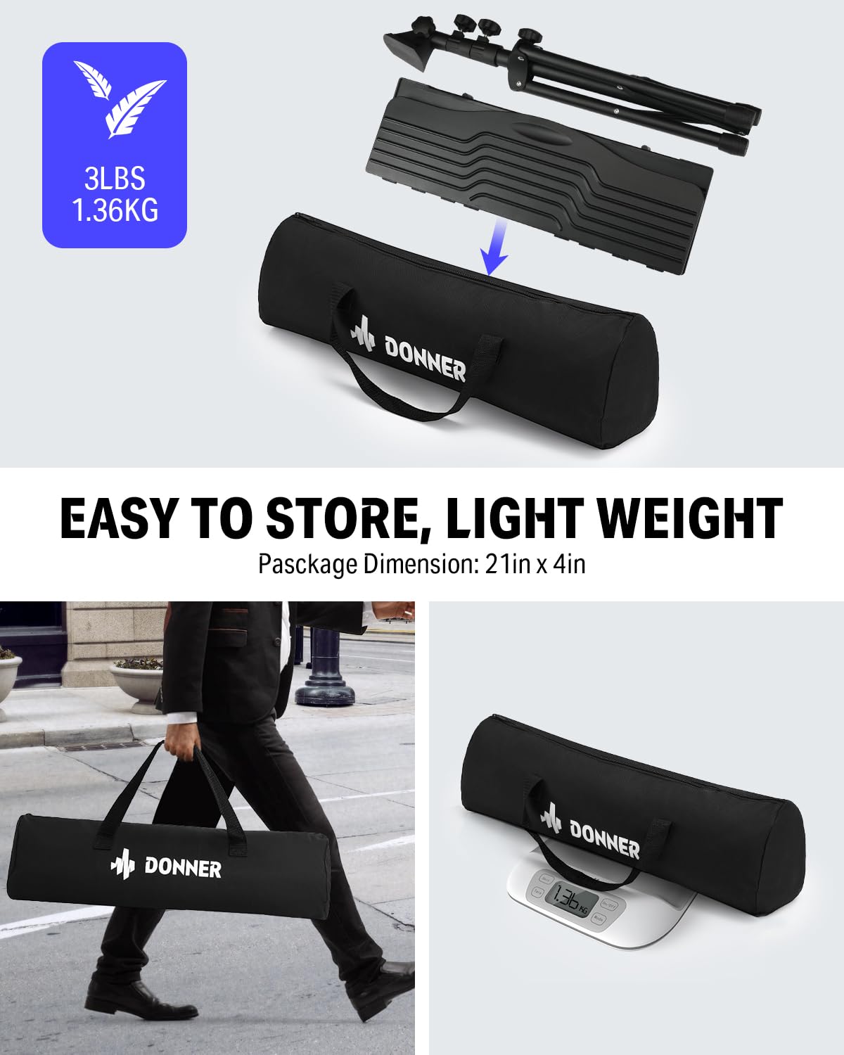 Donner Sheet Music Stand with Light, DMS-1 Portable Metal Ipad Music Stand, Tabletop Music Book Stand for Guitar, Ukulele, Violin Players